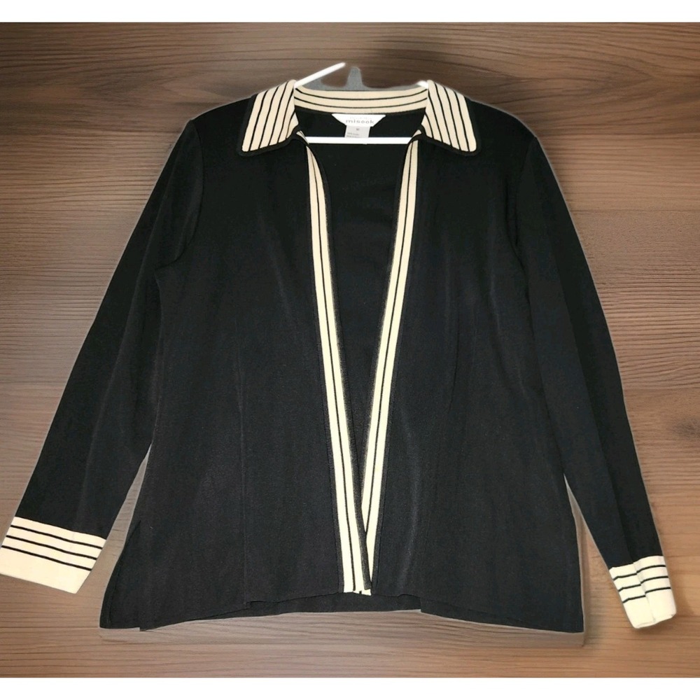 Exclusively Misook Drape Front Cardigan Sweater M Black Tan Knit Old Money